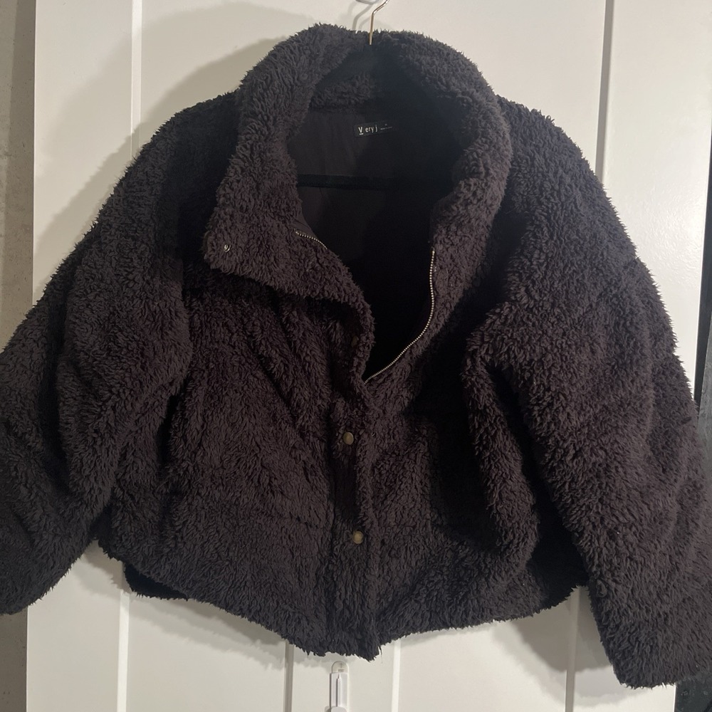 Very J Black Sherpa Fleece Jacket Cropped Teddy Mock Neck Full Zip Womens Size M